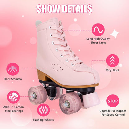 Womens Roller Skates Light Up Wheels, Artificial Leather Adjustable Double Row 4 Wheels Roller Skates Shiny Skates for Teens,Adult