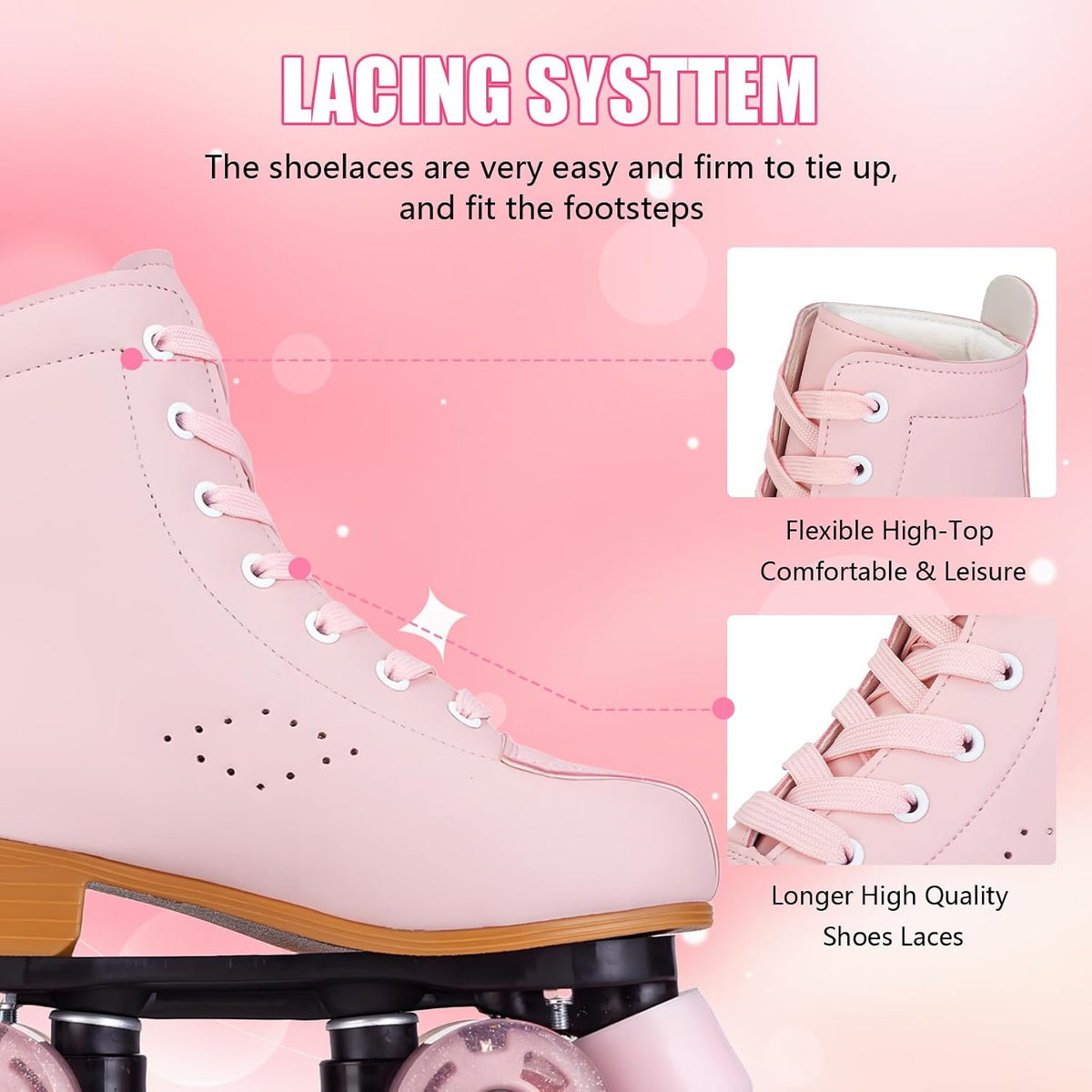 Womens Roller Skates Light Up Wheels, Artificial Leather Adjustable Double Row 4 Wheels Roller Skates Shiny Skates for Teens,Adult