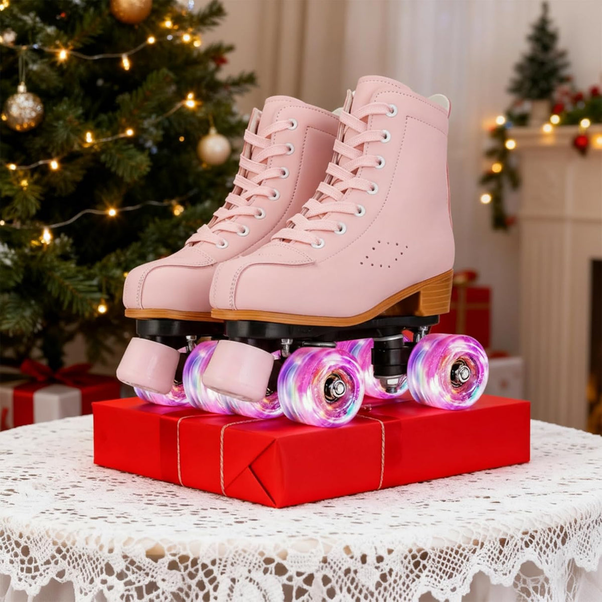 Womens Roller Skates Light Up Wheels, Artificial Leather Adjustable Double Row 4 Wheels Roller Skates Shiny Skates for Teens,Adult