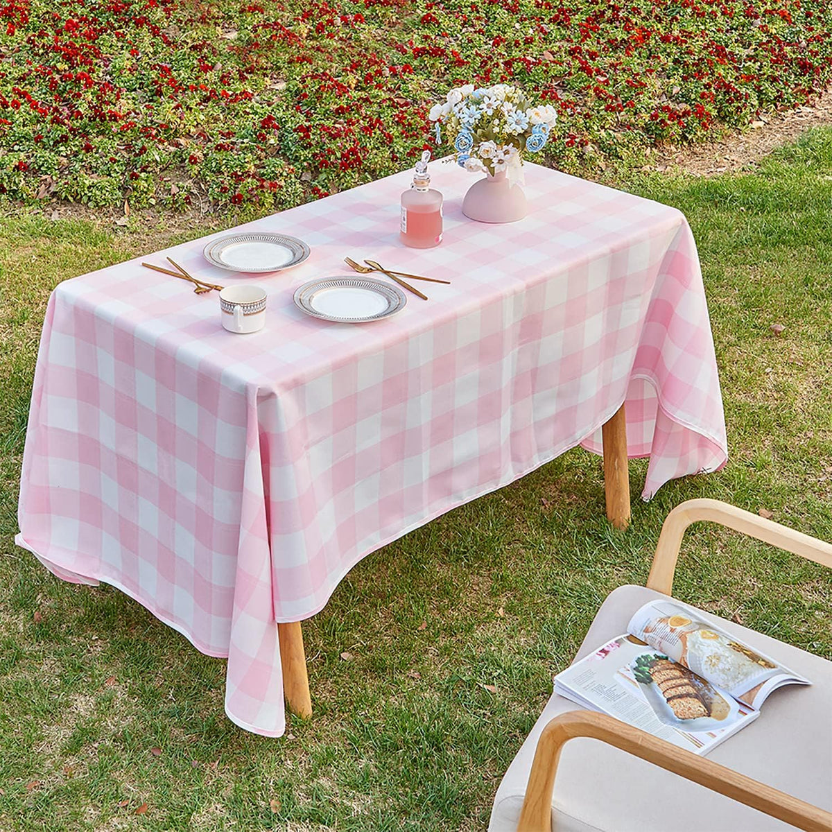 Gingham Tablecloth Rectangle 95x55 Inch Checkered Table Cloth Buffalo Plaid Yarn Dyed Washable Tablecloths for Easter Picnic Kitchen Dinner Holiday Outdoor BBQ & Party, Pink and White