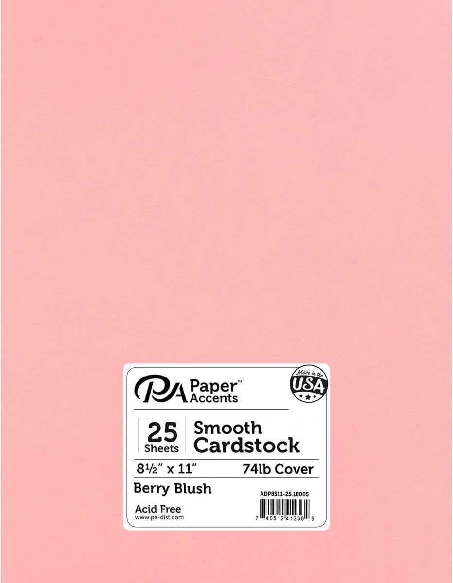 PA Paper Accents Smooth Cardstock 8.5" x 11" Berry Blush, 74lb colored cardstock paper for card making, scrapbooking, printing, quilling and crafts, 25 piece pack