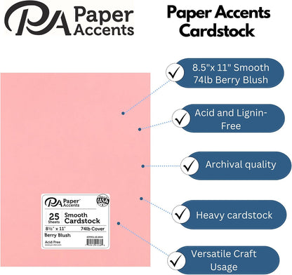 PA Paper Accents Smooth Cardstock 8.5" x 11" Berry Blush, 74lb colored cardstock paper for card making, scrapbooking, printing, quilling and crafts, 25 piece pack