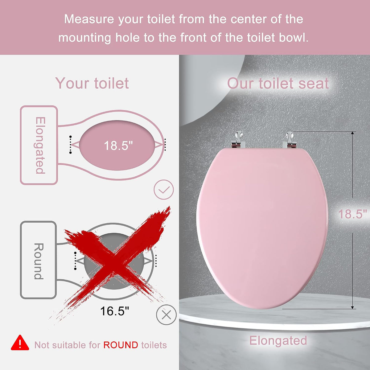 Wood Toilet Seat, Zinc Alloy Hinges (Elongated, Pink)