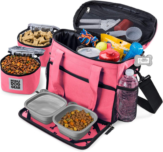 Week Away Dog Travel Bag for Small Dogs, Includes Lined Food Carriers and 2 Collapsible Dog Bowl, Pink