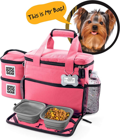 Week Away Dog Travel Bag for Small Dogs, Includes Lined Food Carriers and 2 Collapsible Dog Bowl, Pink