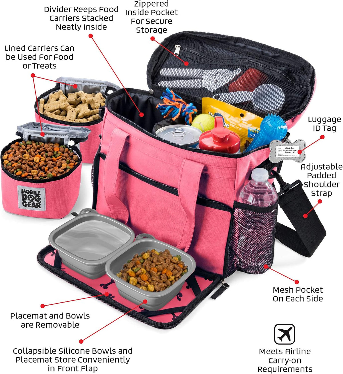 Week Away Dog Travel Bag for Small Dogs, Includes Lined Food Carriers and 2 Collapsible Dog Bowl, Pink