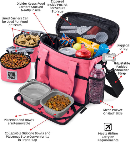 Week Away Dog Travel Bag for Small Dogs, Includes Lined Food Carriers and 2 Collapsible Dog Bowl, Pink
