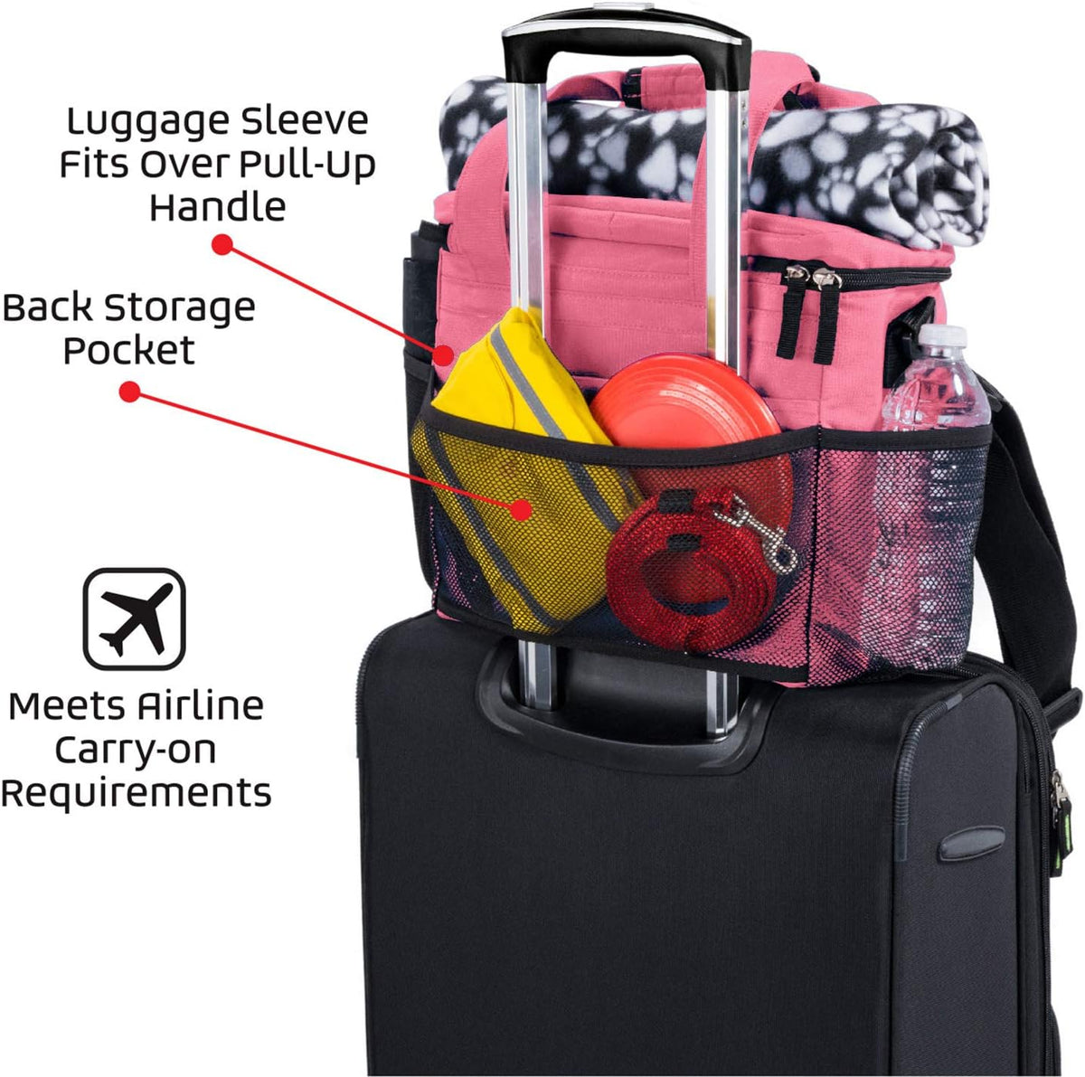 Week Away Dog Travel Bag for Small Dogs, Includes Lined Food Carriers and 2 Collapsible Dog Bowl, Pink