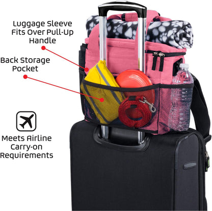 Week Away Dog Travel Bag for Small Dogs, Includes Lined Food Carriers and 2 Collapsible Dog Bowl, Pink