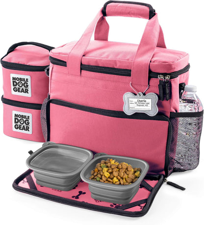 Week Away Dog Travel Bag for Small Dogs, Includes Lined Food Carriers and 2 Collapsible Dog Bowl, Pink