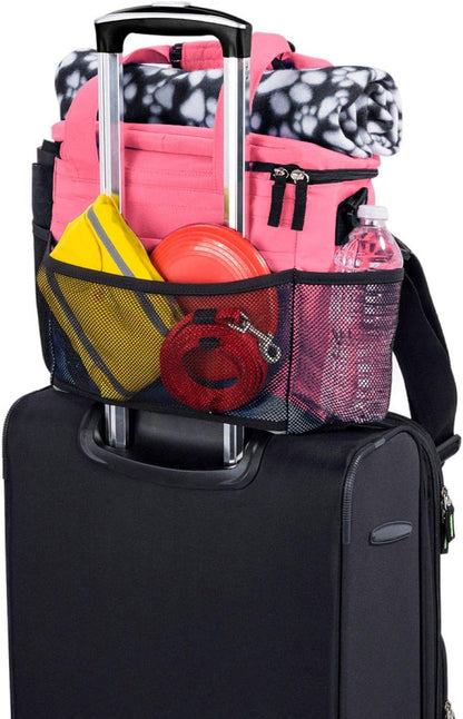 Week Away Dog Travel Bag for Small Dogs, Includes Lined Food Carriers and 2 Collapsible Dog Bowl, Pink