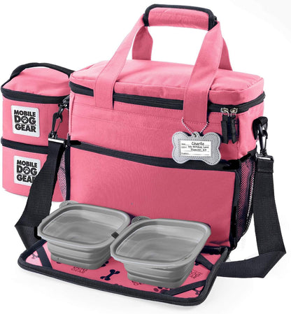 Week Away Dog Travel Bag for Small Dogs, Includes Lined Food Carriers and 2 Collapsible Dog Bowl, Pink