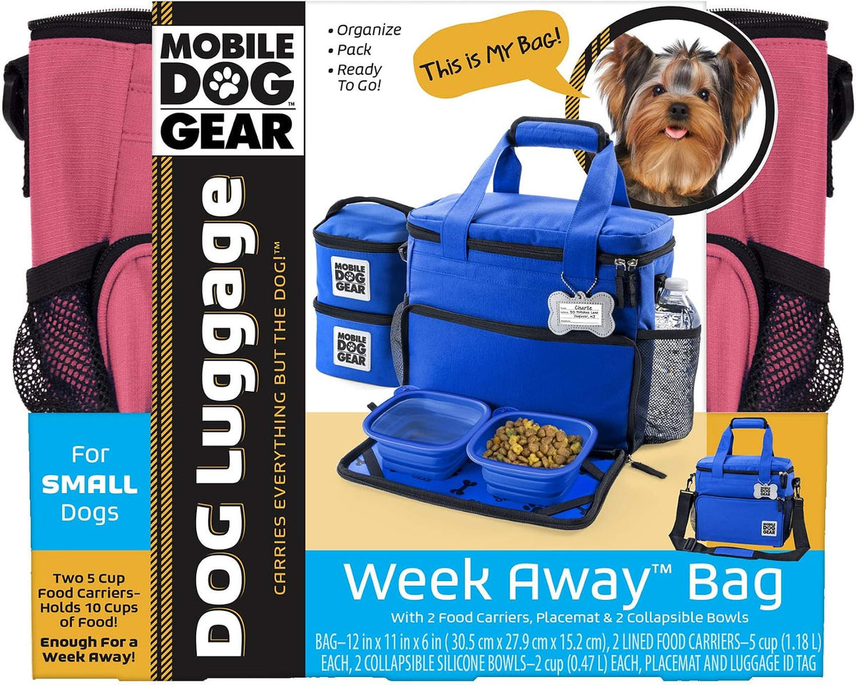 Week Away Dog Travel Bag for Small Dogs, Includes Lined Food Carriers and 2 Collapsible Dog Bowl, Pink