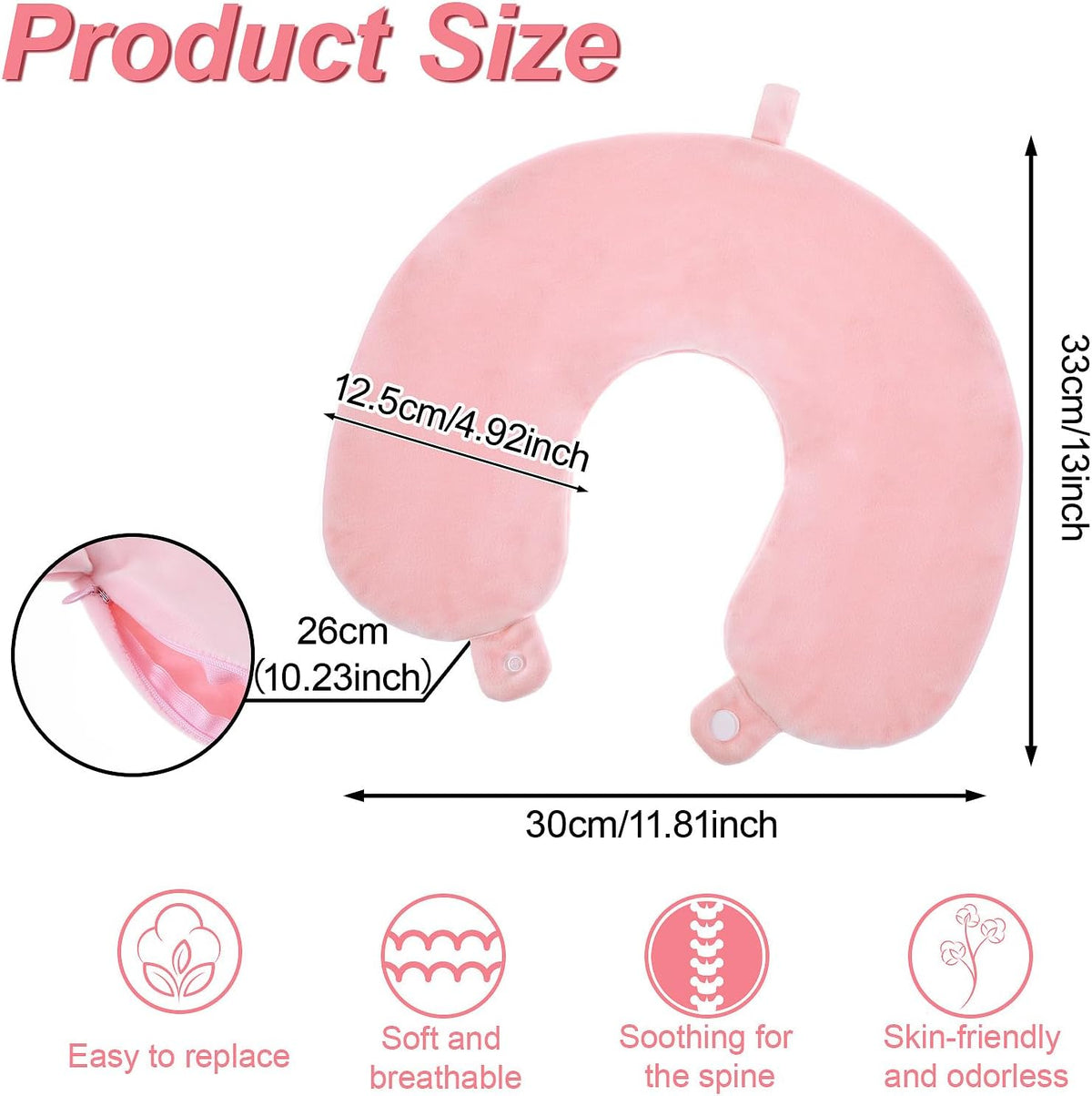 Neck Pillow Covers With Zipper, Travel Pillow Case Cover, Airplane Pillows Replacementt Cover Washable, Soft, Travel-Friendly U-Shaped, No Filler with Double Snap for Woman Man(Pink)13×11.81 inches