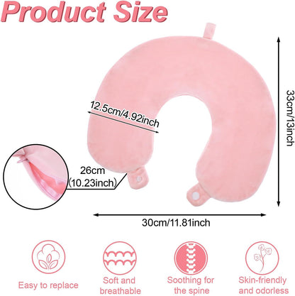 Neck Pillow Covers With Zipper, Travel Pillow Case Cover, Airplane Pillows Replacementt Cover Washable, Soft, Travel-Friendly U-Shaped, No Filler with Double Snap for Woman Man(Pink)13×11.81 inches