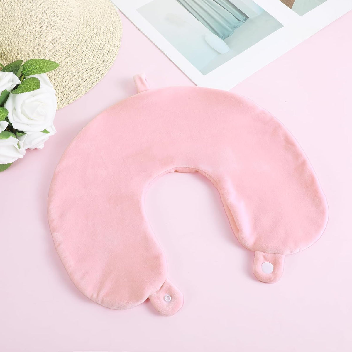 Neck Pillow Covers With Zipper, Travel Pillow Case Cover, Airplane Pillows Replacementt Cover Washable, Soft, Travel-Friendly U-Shaped, No Filler with Double Snap for Woman Man(Pink)13×11.81 inches