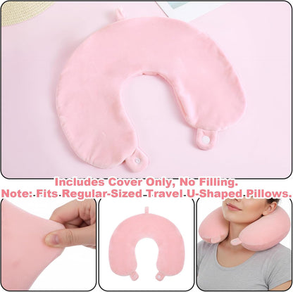Neck Pillow Covers With Zipper, Travel Pillow Case Cover, Airplane Pillows Replacementt Cover Washable, Soft, Travel-Friendly U-Shaped, No Filler with Double Snap for Woman Man(Pink)13×11.81 inches