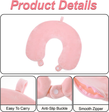Neck Pillow Covers With Zipper, Travel Pillow Case Cover, Airplane Pillows Replacementt Cover Washable, Soft, Travel-Friendly U-Shaped, No Filler with Double Snap for Woman Man(Pink)13×11.81 inches