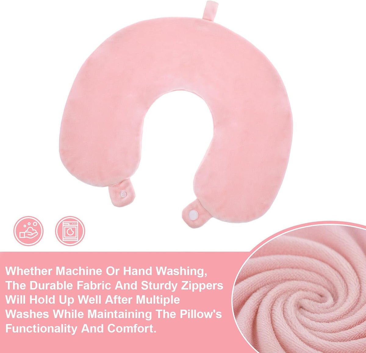 Neck Pillow Covers With Zipper, Travel Pillow Case Cover, Airplane Pillows Replacementt Cover Washable, Soft, Travel-Friendly U-Shaped, No Filler with Double Snap for Woman Man(Pink)13×11.81 inches