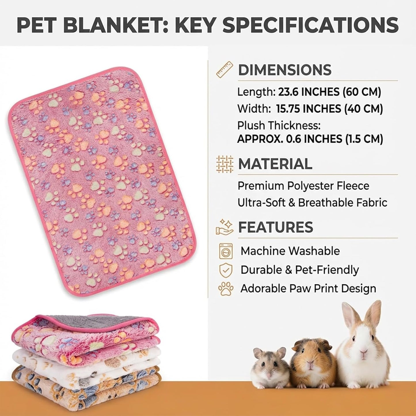 RAINFLOW 3Pcs Guinea Pig Fleece Blanket - Waterproof Washable Pet Cage Liner Pee Pad, Paw Print Absorbent Mat for Small Dog Rabbit Hamster Ferret Chinchilla, 23.6 x 15.7 Inch, 3 Colors