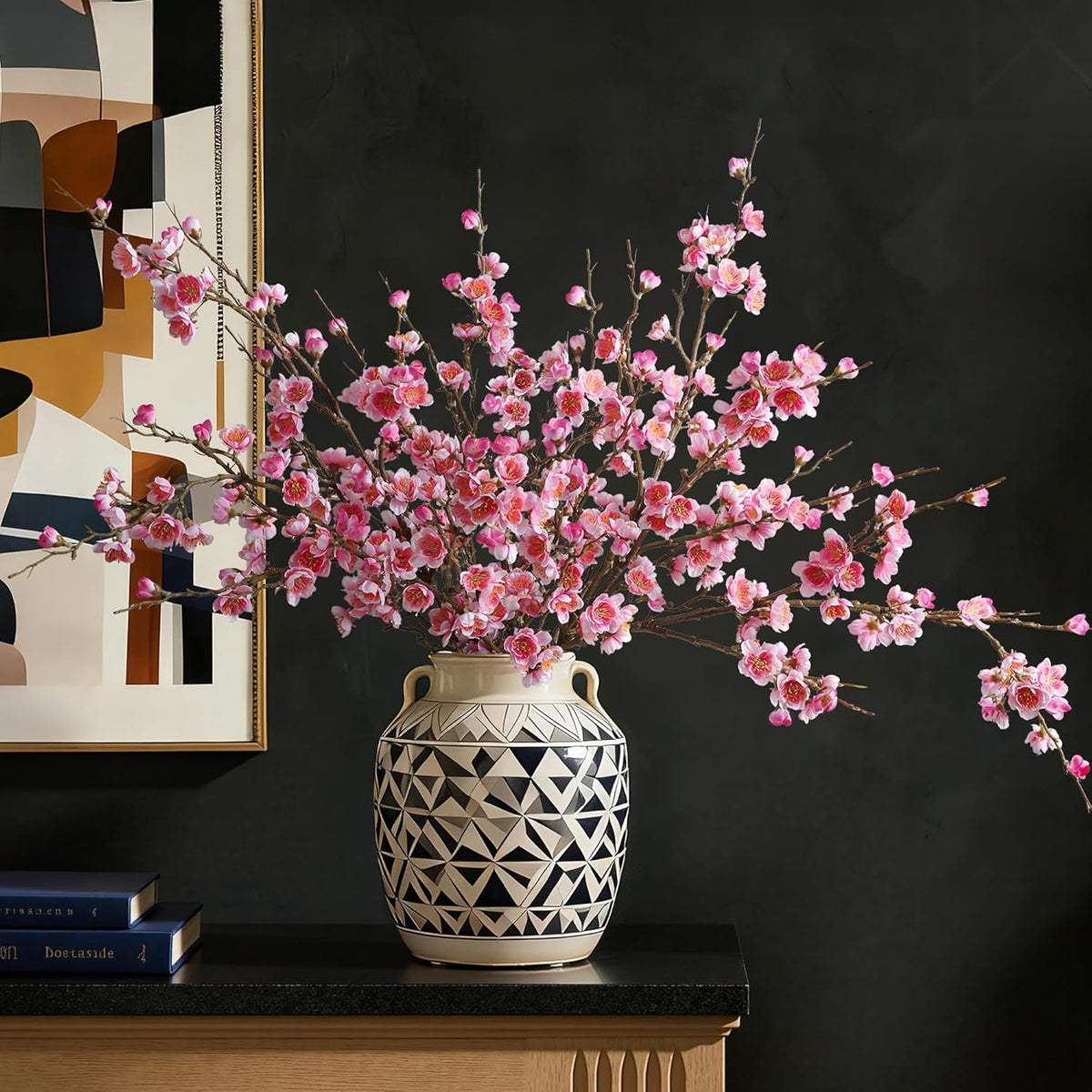 florisso 6 PCS Artificial Cherry Blossom Branches Spring Indoor Decoration, Faux Flowers 34.45" Long Stems Plum Fake Peach Plants Real Touch Silk for Wedding Home Bedroom Party Table Office, Pink