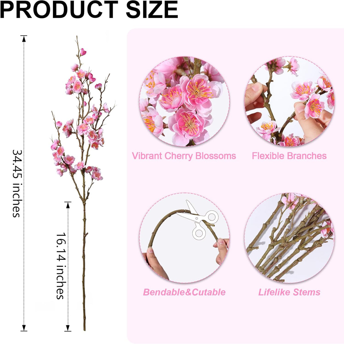florisso 6 PCS Artificial Cherry Blossom Branches Spring Indoor Decoration, Faux Flowers 34.45" Long Stems Plum Fake Peach Plants Real Touch Silk for Wedding Home Bedroom Party Table Office, Pink