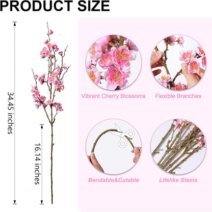 florisso 6 PCS Artificial Cherry Blossom Branches Spring Indoor Decoration, Faux Flowers 34.45" Long Stems Plum Fake Peach Plants Real Touch Silk for Wedding Home Bedroom Party Table Office, Pink