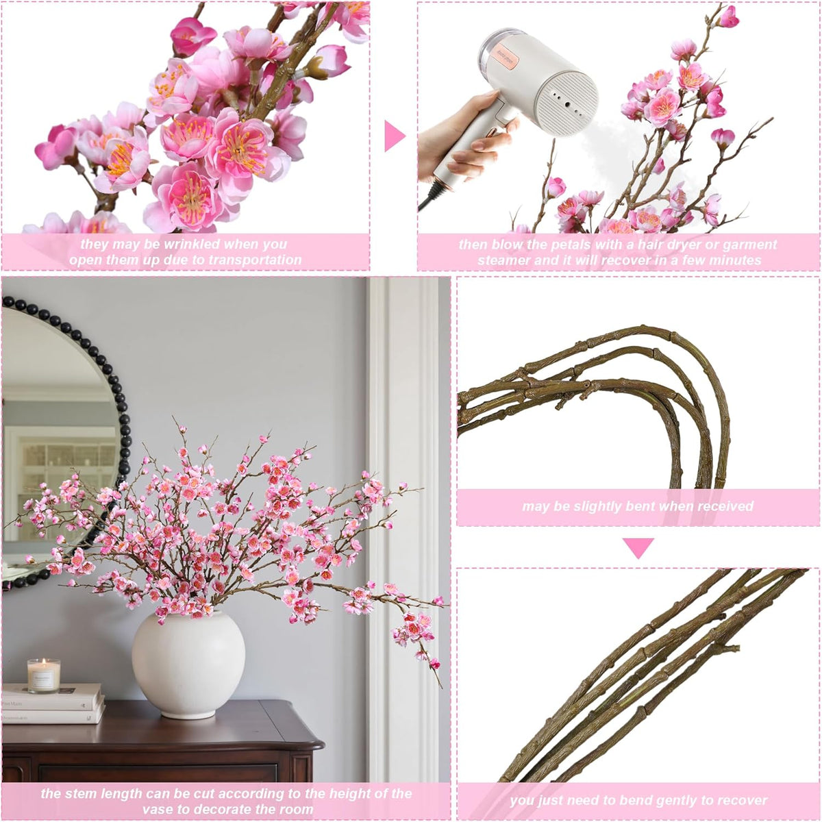 florisso 6 PCS Artificial Cherry Blossom Branches Spring Indoor Decoration, Faux Flowers 34.45" Long Stems Plum Fake Peach Plants Real Touch Silk for Wedding Home Bedroom Party Table Office, Pink