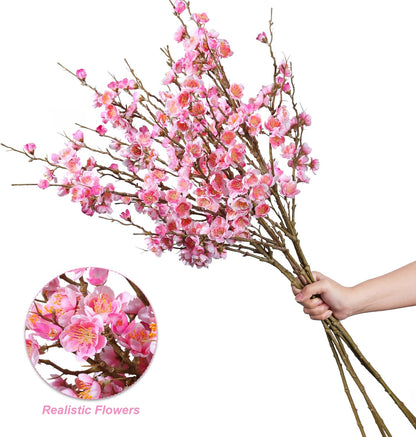 florisso 6 PCS Artificial Cherry Blossom Branches Spring Indoor Decoration, Faux Flowers 34.45" Long Stems Plum Fake Peach Plants Real Touch Silk for Wedding Home Bedroom Party Table Office, Pink