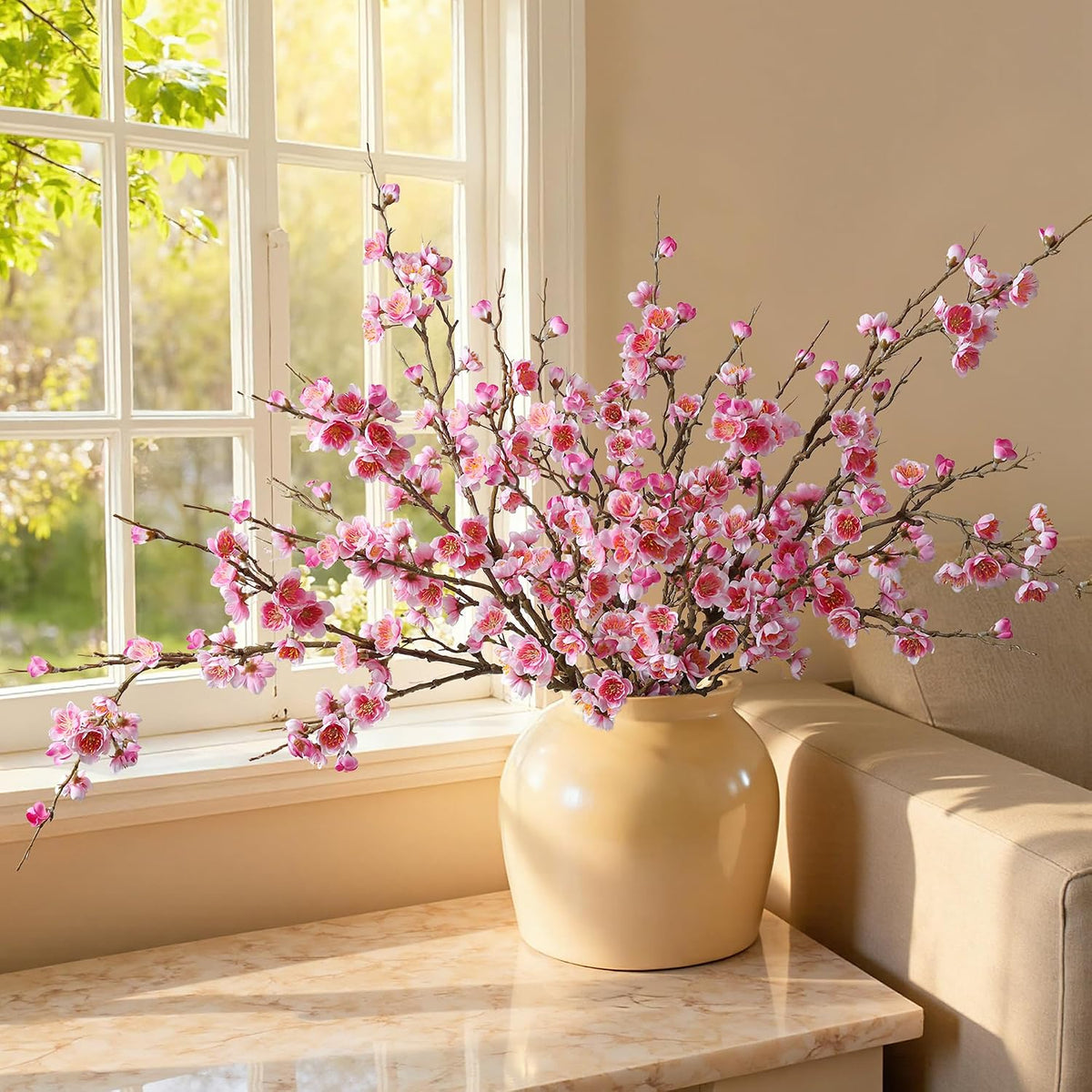 florisso 6 PCS Artificial Cherry Blossom Branches Spring Indoor Decoration, Faux Flowers 34.45" Long Stems Plum Fake Peach Plants Real Touch Silk for Wedding Home Bedroom Party Table Office, Pink