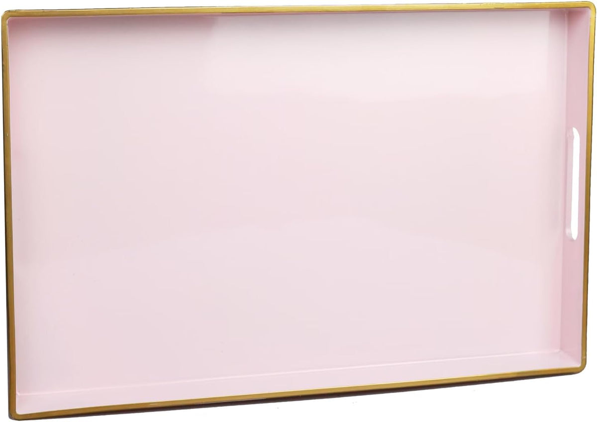 Pink Decorative Serving Tray with Handles, Elegant Plastic Coffee Table Tray for Ottoman, Living Room, Home Decor 15.6" X 10.2"