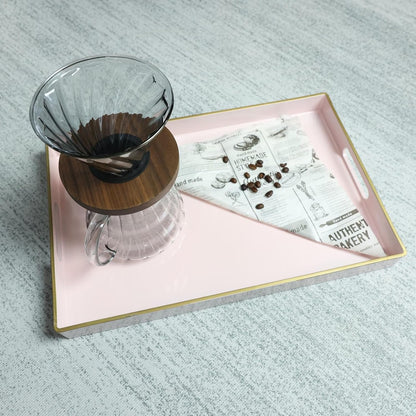 Pink Decorative Serving Tray with Handles, Elegant Plastic Coffee Table Tray for Ottoman, Living Room, Home Decor 15.6" X 10.2"