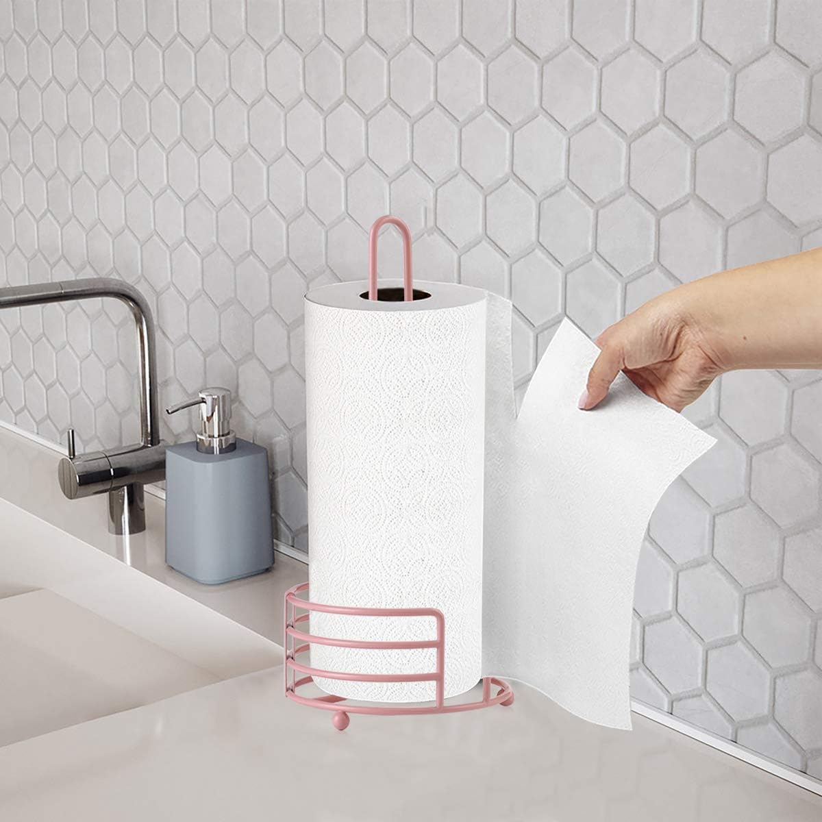 Buruis Metal Paper Towel Holder for Kitchen Countertop, Pastel Pink