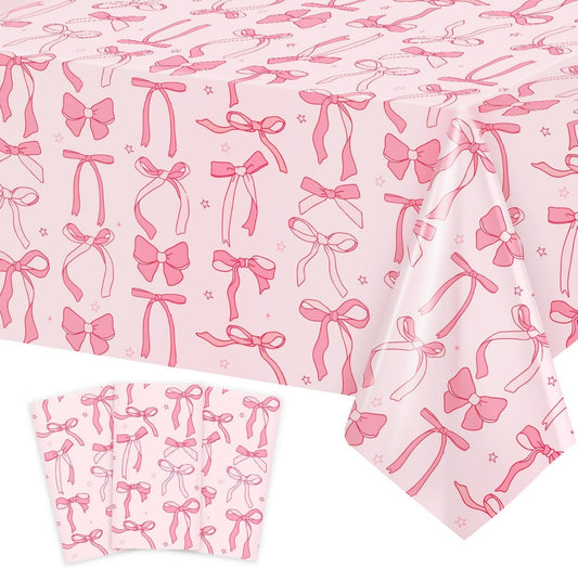 3Pcs Coquette Birthday Decorations Tablecloths, Pink Bow Birthday Decorations Large Size Rectangle Girls Table Cloths 54 x 108 Inch