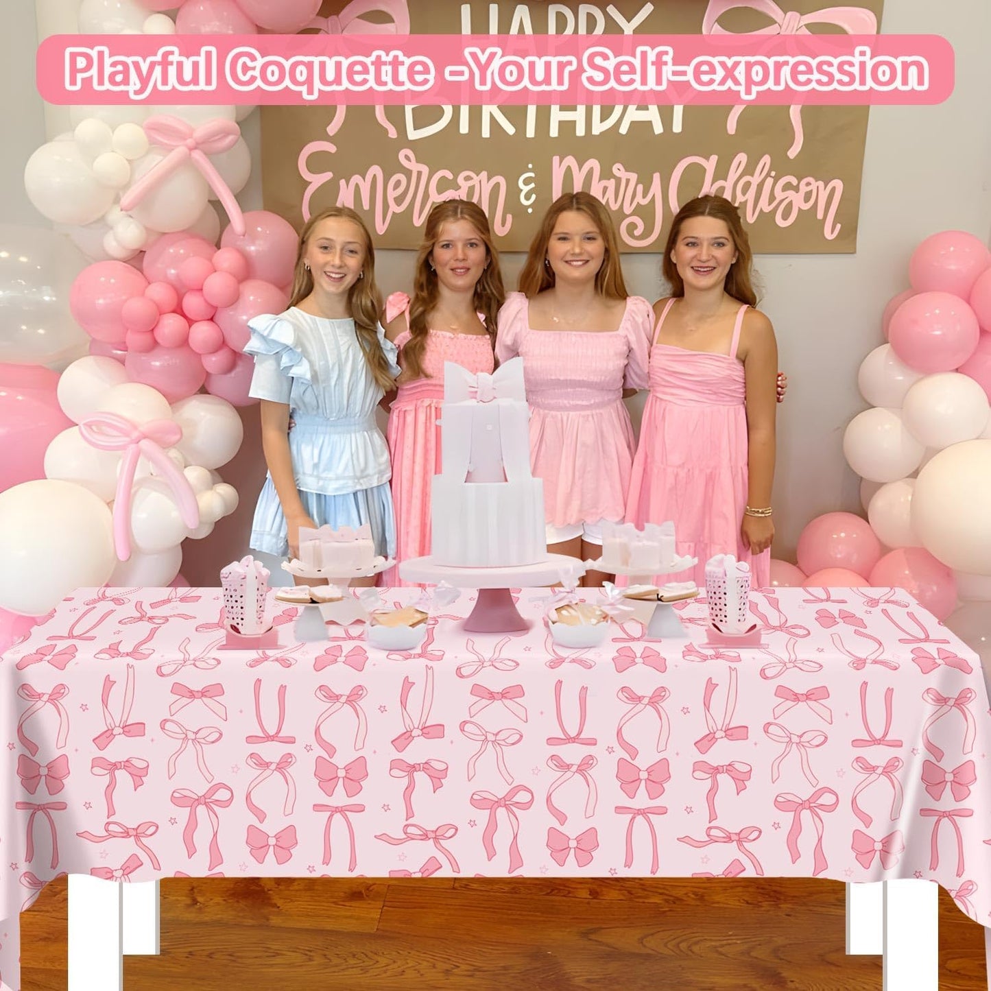3Pcs Coquette Birthday Decorations Tablecloths, Pink Bow Birthday Decorations Large Size Rectangle Girls Table Cloths 54 x 108 Inch