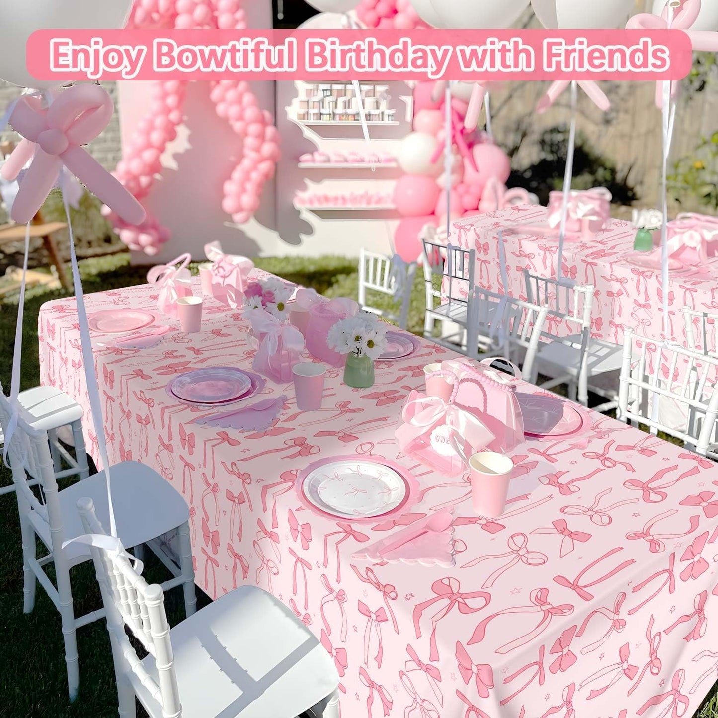 3Pcs Coquette Birthday Decorations Tablecloths, Pink Bow Birthday Decorations Large Size Rectangle Girls Table Cloths 54 x 108 Inch