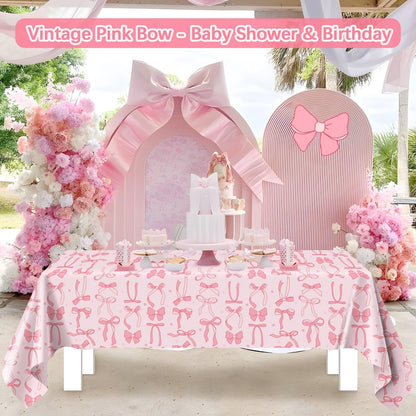 3Pcs Coquette Birthday Decorations Tablecloths, Pink Bow Birthday Decorations Large Size Rectangle Girls Table Cloths 54 x 108 Inch