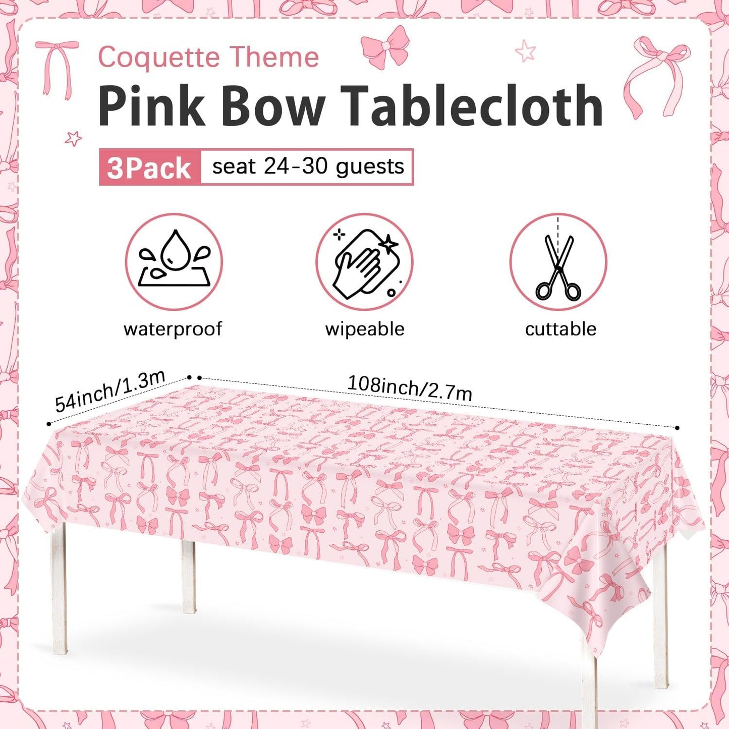 3Pcs Coquette Birthday Decorations Tablecloths, Pink Bow Birthday Decorations Large Size Rectangle Girls Table Cloths 54 x 108 Inch