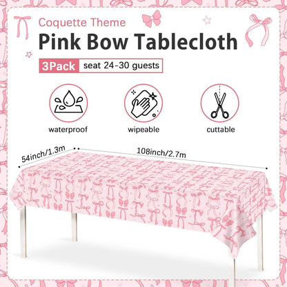 3Pcs Coquette Birthday Decorations Tablecloths, Pink Bow Birthday Decorations Large Size Rectangle Girls Table Cloths 54 x 108 Inch