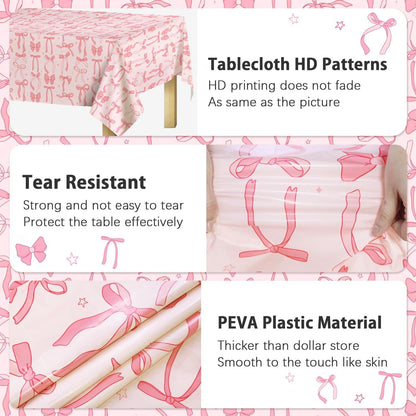 3Pcs Coquette Birthday Decorations Tablecloths, Pink Bow Birthday Decorations Large Size Rectangle Girls Table Cloths 54 x 108 Inch