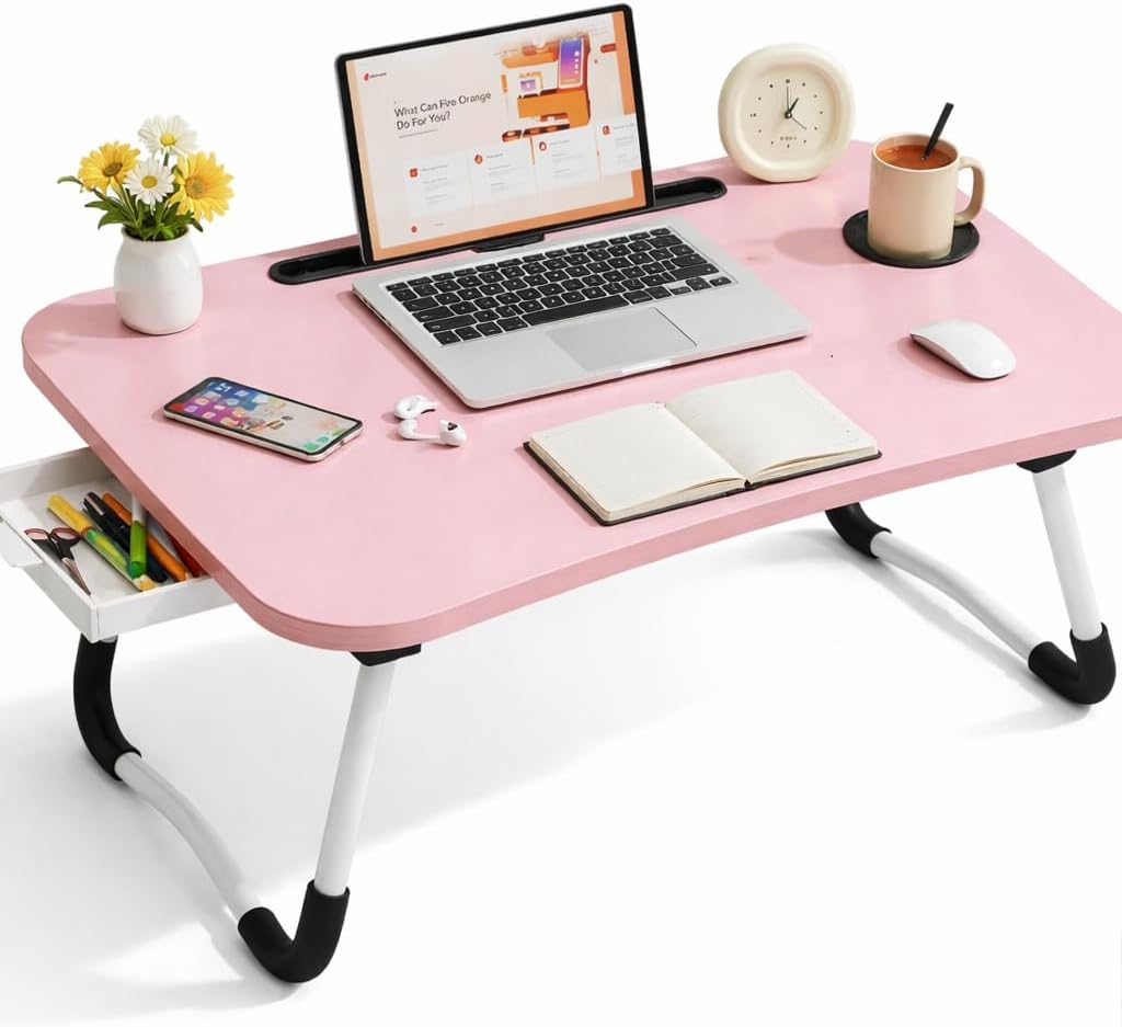 WSA Foldable Laptop Bed Desk with Cup Holder & Tablet Slot Portable Lap Desk Tray Table for Couch Sofa & Bed Large Notebook Stand for Eating Writing Studying Breakfast in Bed (Pink)
