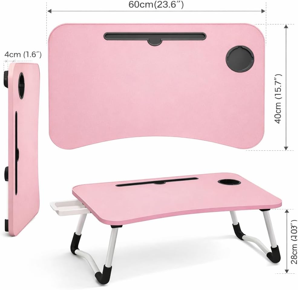 WSA Foldable Laptop Bed Desk with Cup Holder & Tablet Slot Portable Lap Desk Tray Table for Couch Sofa & Bed Large Notebook Stand for Eating Writing Studying Breakfast in Bed (Pink)