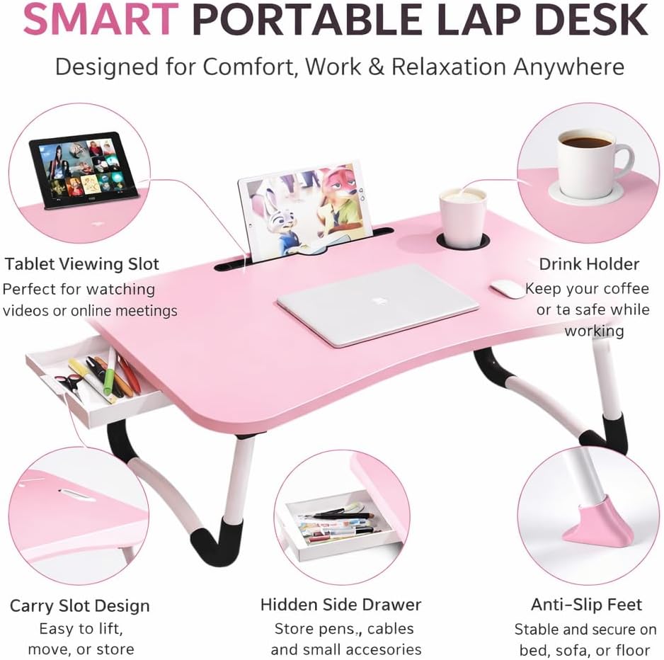 WSA Foldable Laptop Bed Desk with Cup Holder & Tablet Slot Portable Lap Desk Tray Table for Couch Sofa & Bed Large Notebook Stand for Eating Writing Studying Breakfast in Bed (Pink)