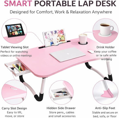 WSA Foldable Laptop Bed Desk with Cup Holder & Tablet Slot Portable Lap Desk Tray Table for Couch Sofa & Bed Large Notebook Stand for Eating Writing Studying Breakfast in Bed (Pink)