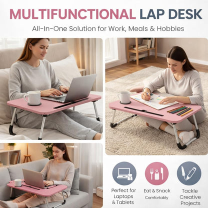 WSA Foldable Laptop Bed Desk with Cup Holder & Tablet Slot Portable Lap Desk Tray Table for Couch Sofa & Bed Large Notebook Stand for Eating Writing Studying Breakfast in Bed (Pink)