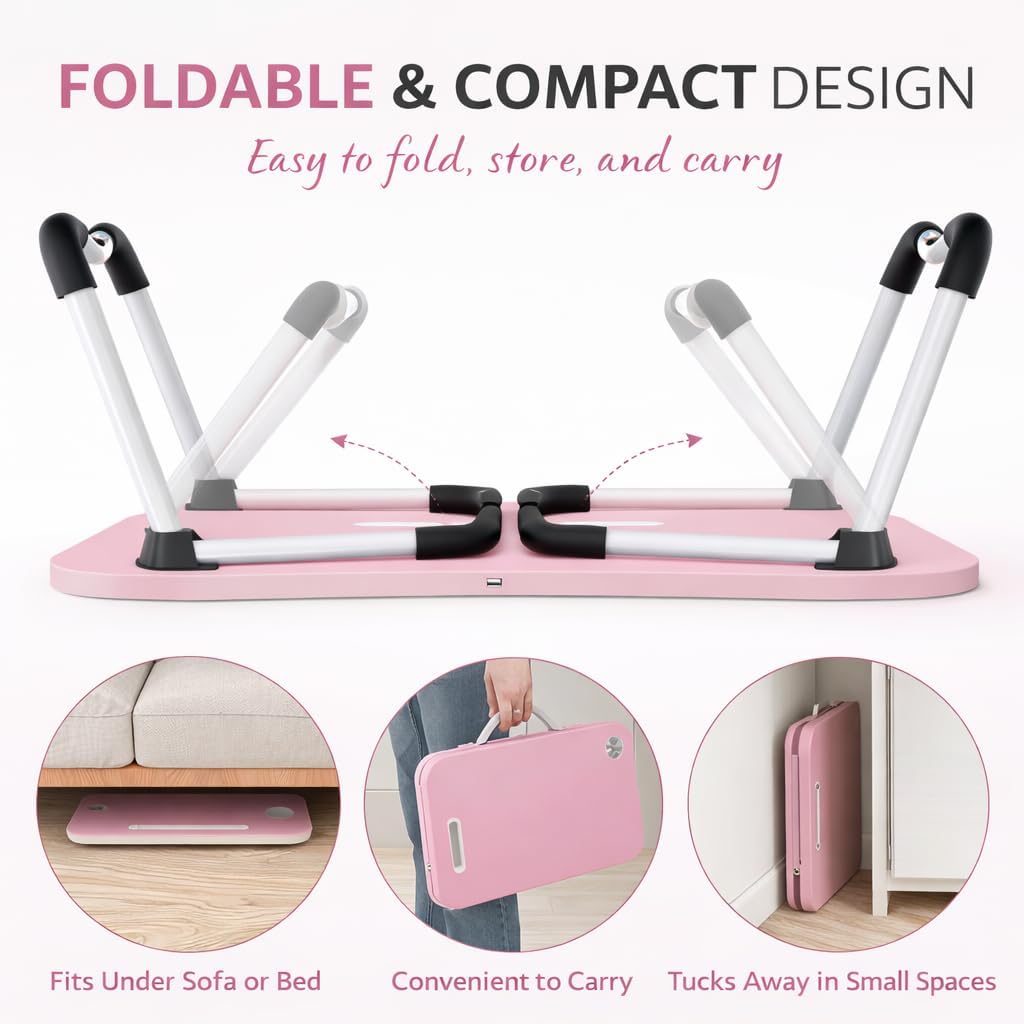 WSA Foldable Laptop Bed Desk with Cup Holder & Tablet Slot Portable Lap Desk Tray Table for Couch Sofa & Bed Large Notebook Stand for Eating Writing Studying Breakfast in Bed (Pink)