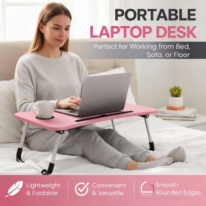 WSA Foldable Laptop Bed Desk with Cup Holder & Tablet Slot Portable Lap Desk Tray Table for Couch Sofa & Bed Large Notebook Stand for Eating Writing Studying Breakfast in Bed (Pink)