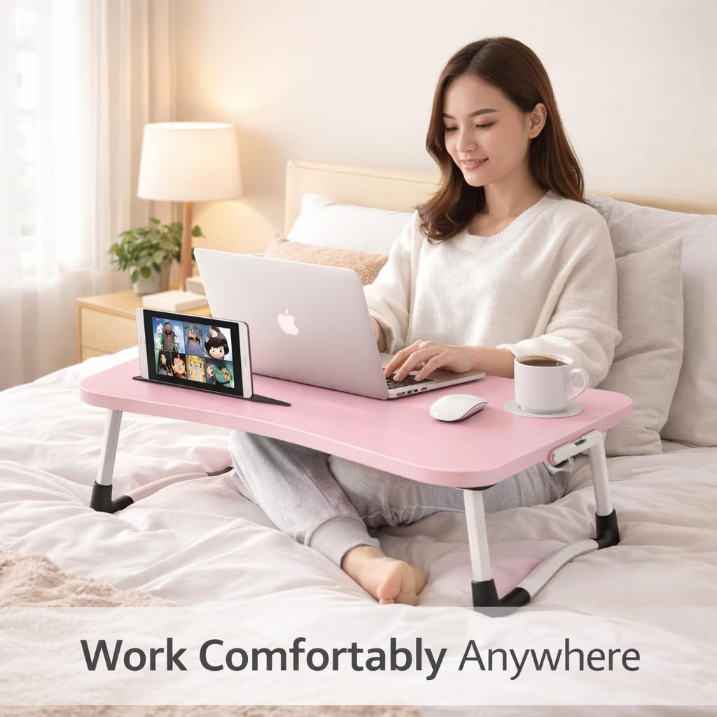 WSA Foldable Laptop Bed Desk with Cup Holder & Tablet Slot Portable Lap Desk Tray Table for Couch Sofa & Bed Large Notebook Stand for Eating Writing Studying Breakfast in Bed (Pink)