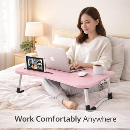 WSA Foldable Laptop Bed Desk with Cup Holder & Tablet Slot Portable Lap Desk Tray Table for Couch Sofa & Bed Large Notebook Stand for Eating Writing Studying Breakfast in Bed (Pink)