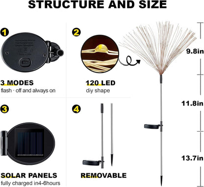 2 PCS Solar Firework Light, Outdoor Solar Garden Decorative Lights 120 LED Powered 40 Copper Wires String DIY Landscape Light for Walkway Pathway Backyard Decoration Parties Perfect Gifts(Pink)